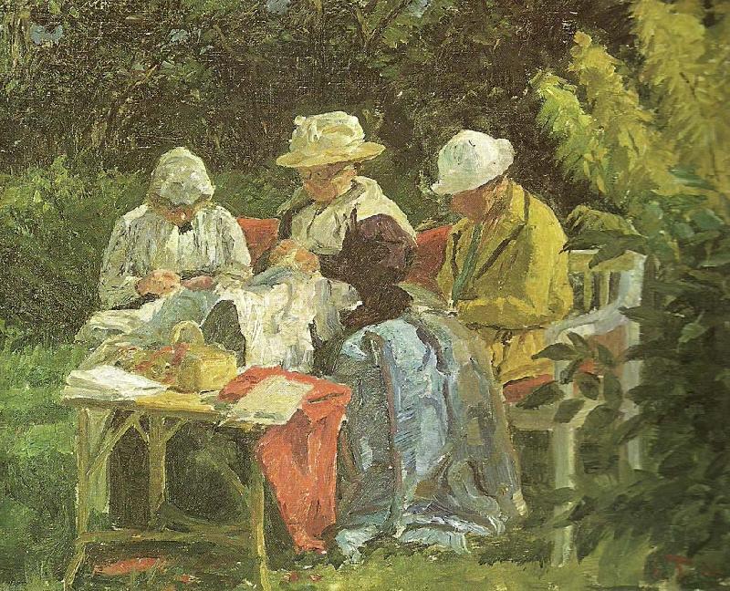 Laurits Tuxen kunstnerens anden hustru med nina og yvonne i haven pa skagen oil painting image